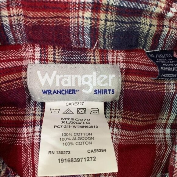 Wrangler Wrancher Western Shirt Mens XL Red Plaid Flannel Pearl Snaps - Picture 2 of 5